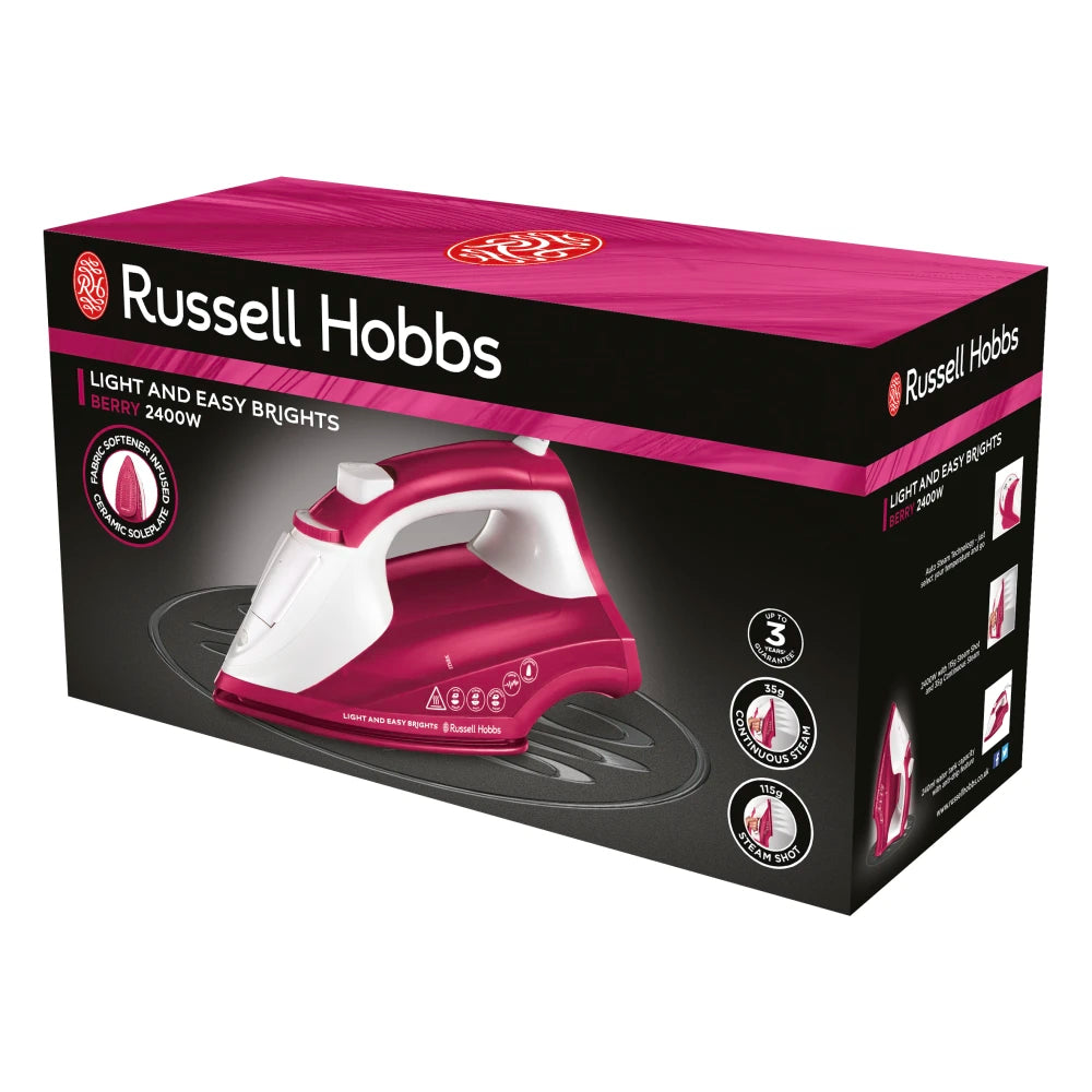 Russell Hobbs Light & Easy Brights Berry Steam Iron – 2400W, Ceramic Soleplate, 240ml Water Tank, 115g Steam Shot, 35g Continuous Steam, Fabric Softening Technology