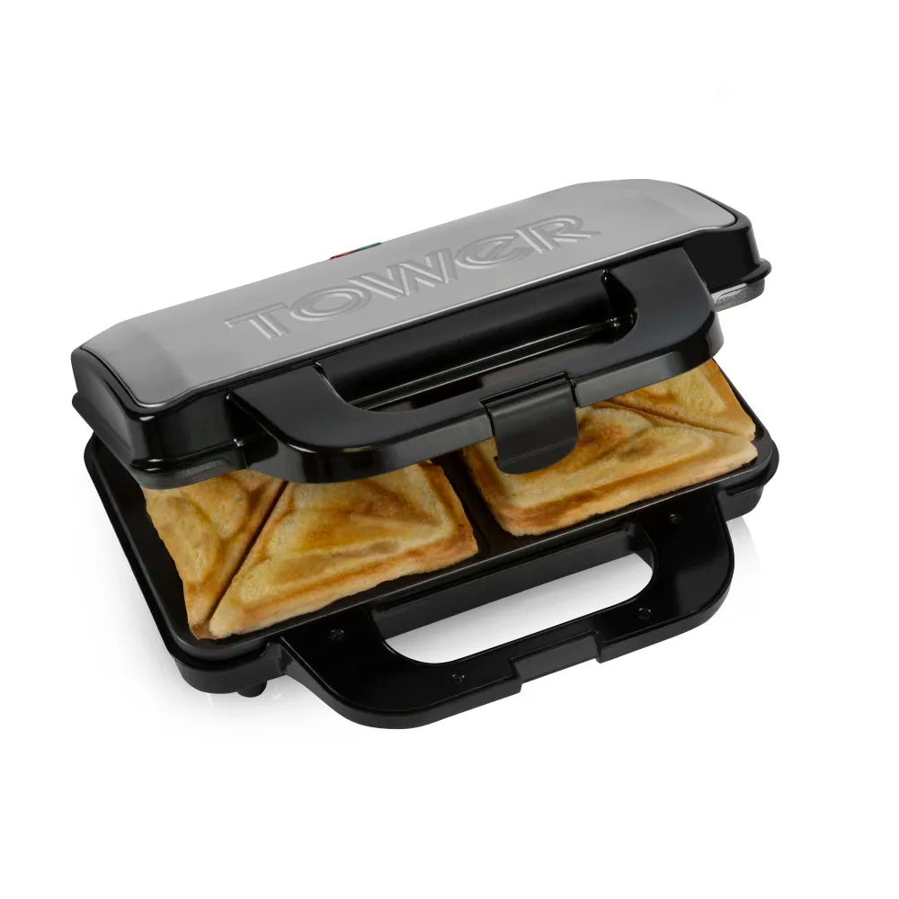 Tower Deep Fill Sandwich Maker - Extra Deep Non-Stick Ceramic Plates, 900W, Silver & Black, Easy to Clean, Automatic Temperature Control