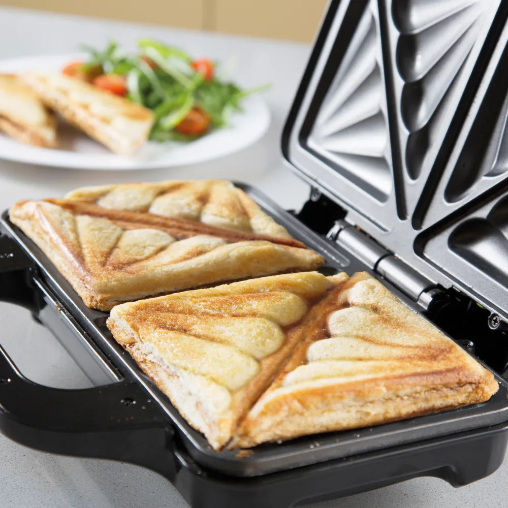 Tower Deep Fill Sandwich Maker - Extra Deep Non-Stick Ceramic Plates, 900W, Silver & Black, Easy to Clean, Automatic Temperature Control