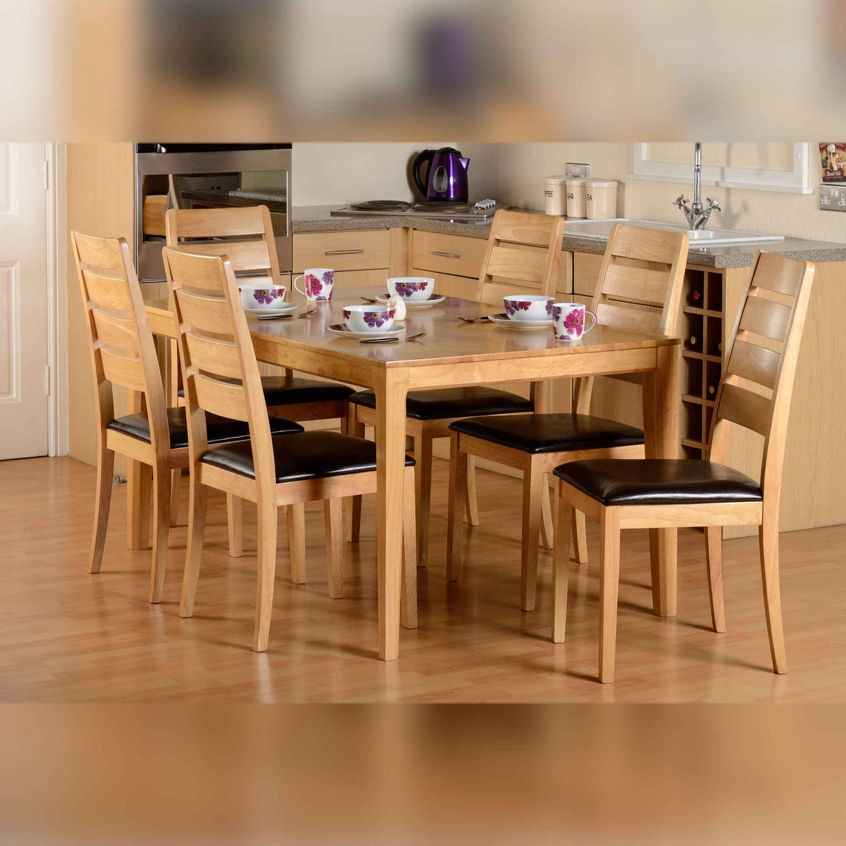 Logan Large Dining Set (Oak Varnish/Brown Faux Leather)