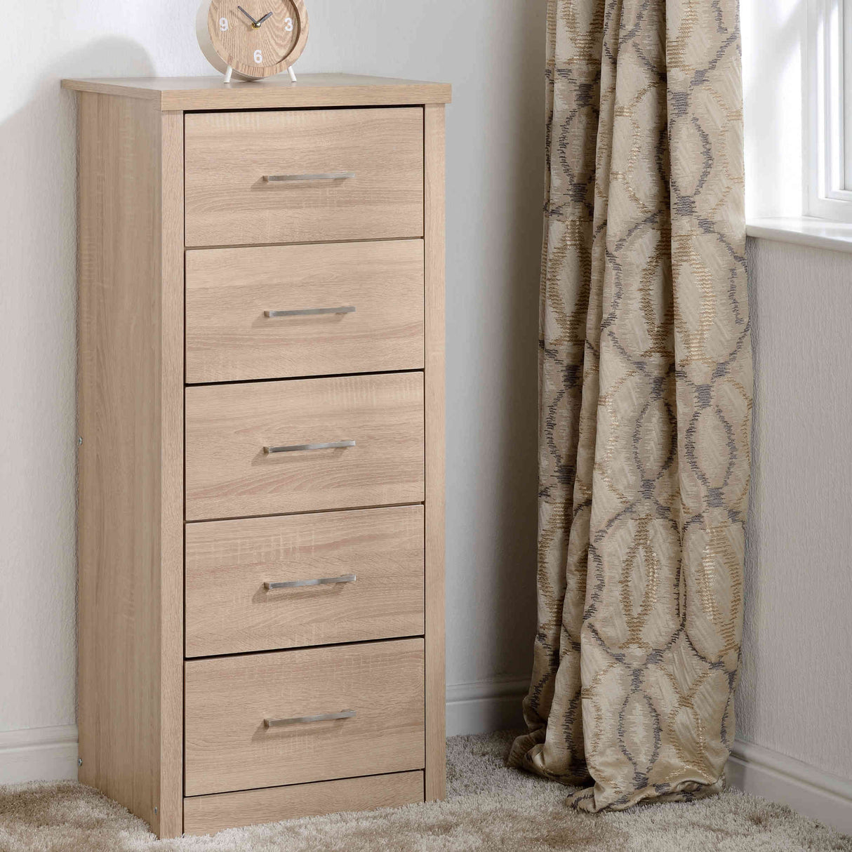 Lisbon 5 Drawer Narrow Chest (Light Oak Effect Veneer)