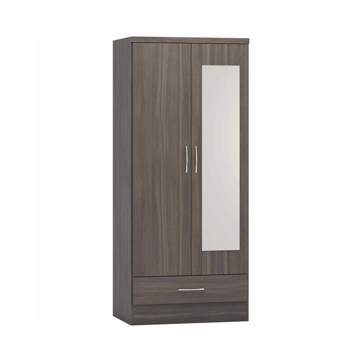 Nevada Mirrored 2 Door 1 Drawer Wardrobe (Black Wood Grain)