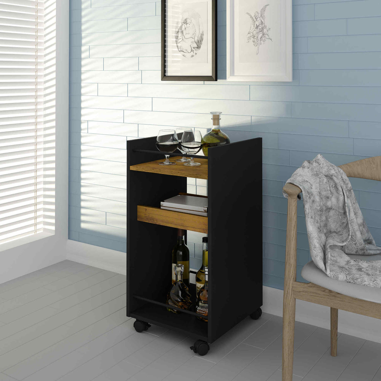 Naples Serving Cart/Side Table (Black/Pine Effect)