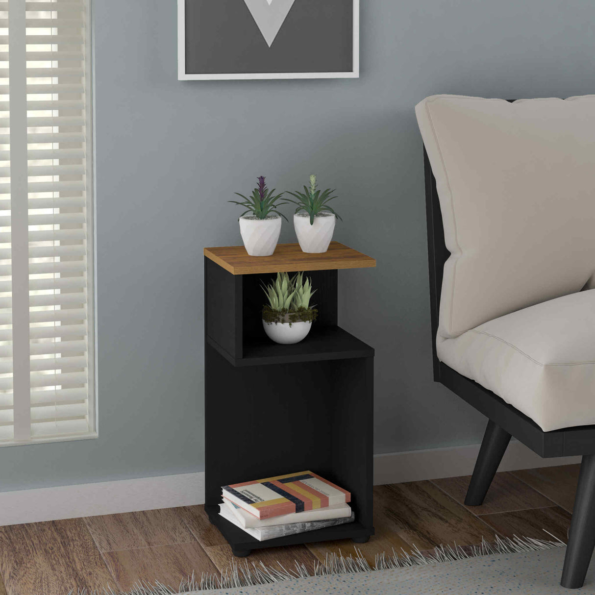 Naples Plant Stand/Side Table (Black/Pine Effect)