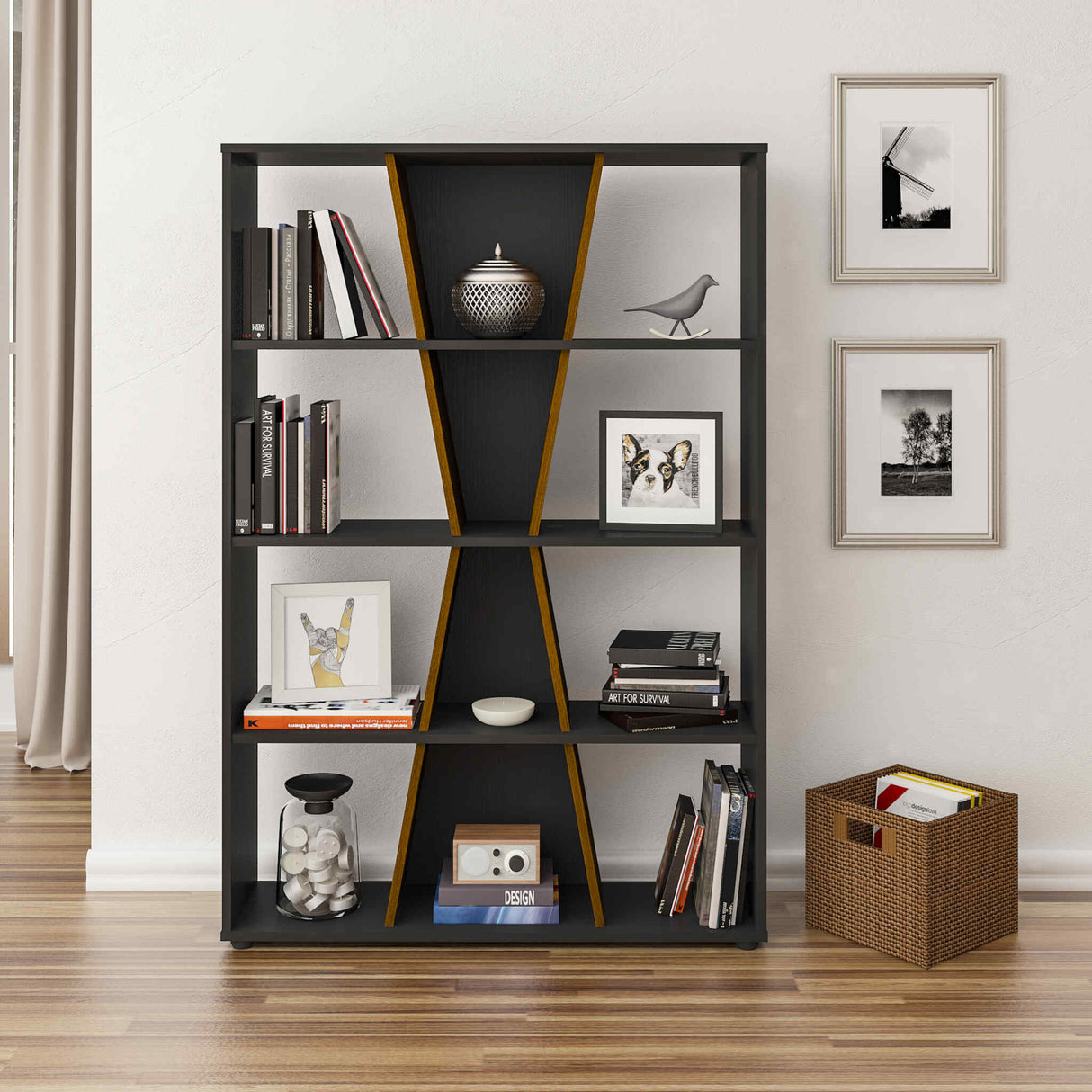 Naples Medium Bookcase (Black/Pine Effect)