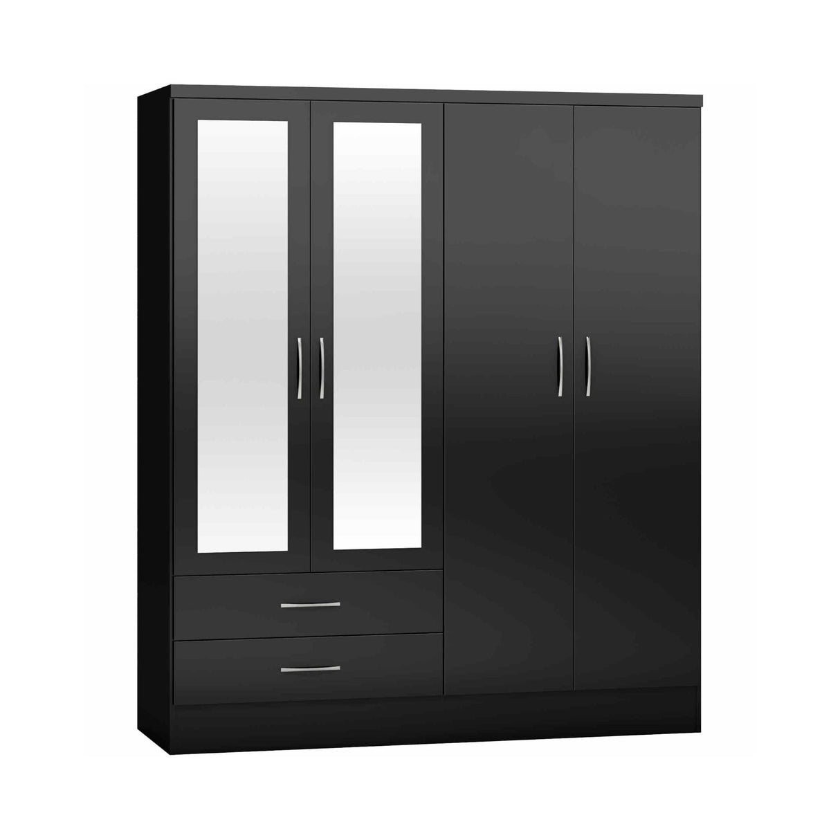 Nevada 4 Door 2 Drawer Mirrored Wardrobe (Black Gloss)