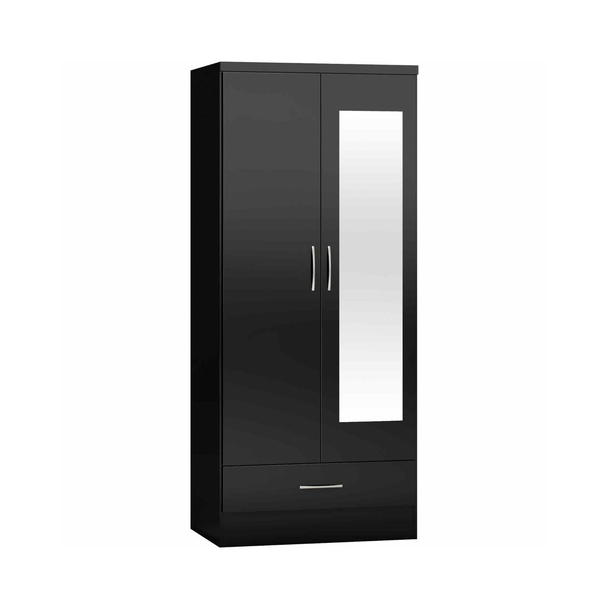 Nevada Mirrored 2 Door 1 Drawer Wardrobe (Black Gloss)