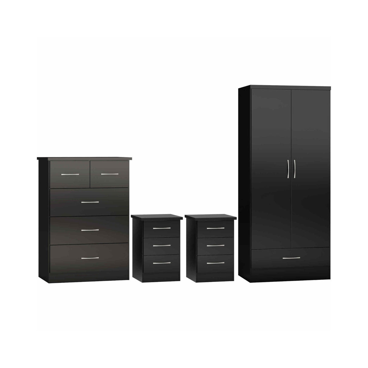 Nevada 2 Door 1 Drawer Wardrobe Bedroom Set (Black Gloss)