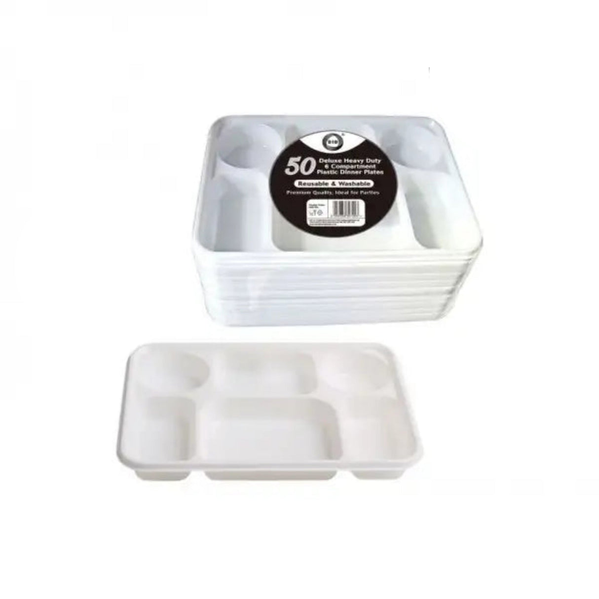 50 Pack Reusable Deluxe Heavy Duty 6-Compartment Plastic Plates - Ideal for Meals