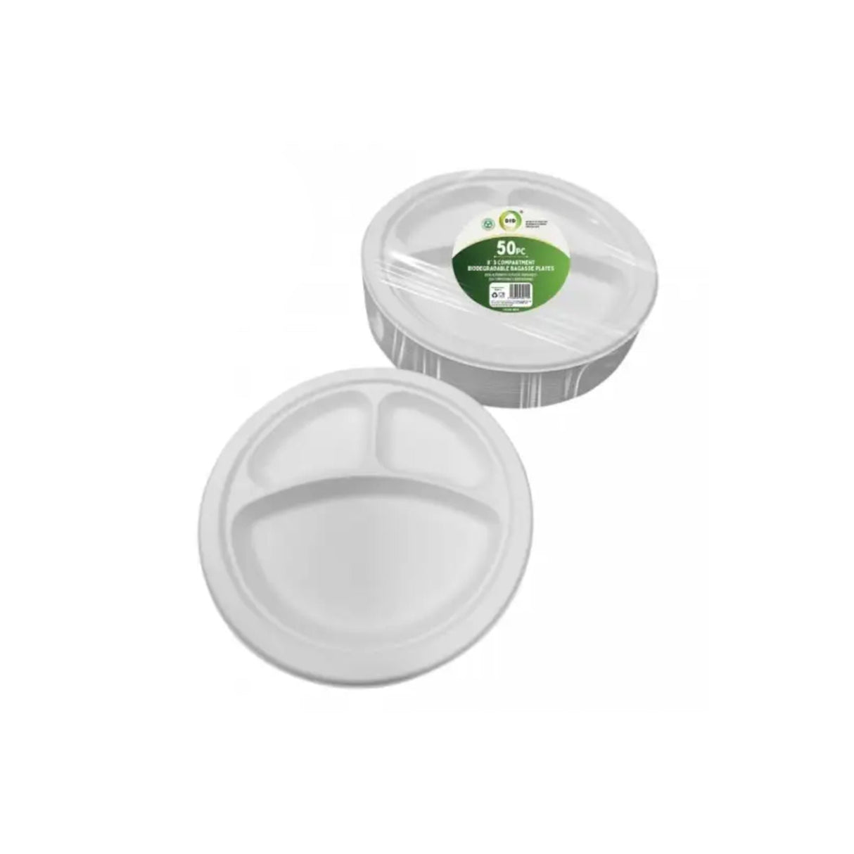 3-Compartment Biodegradable Bagasse Plates - 9" 50 Pack, Eco-Friendly