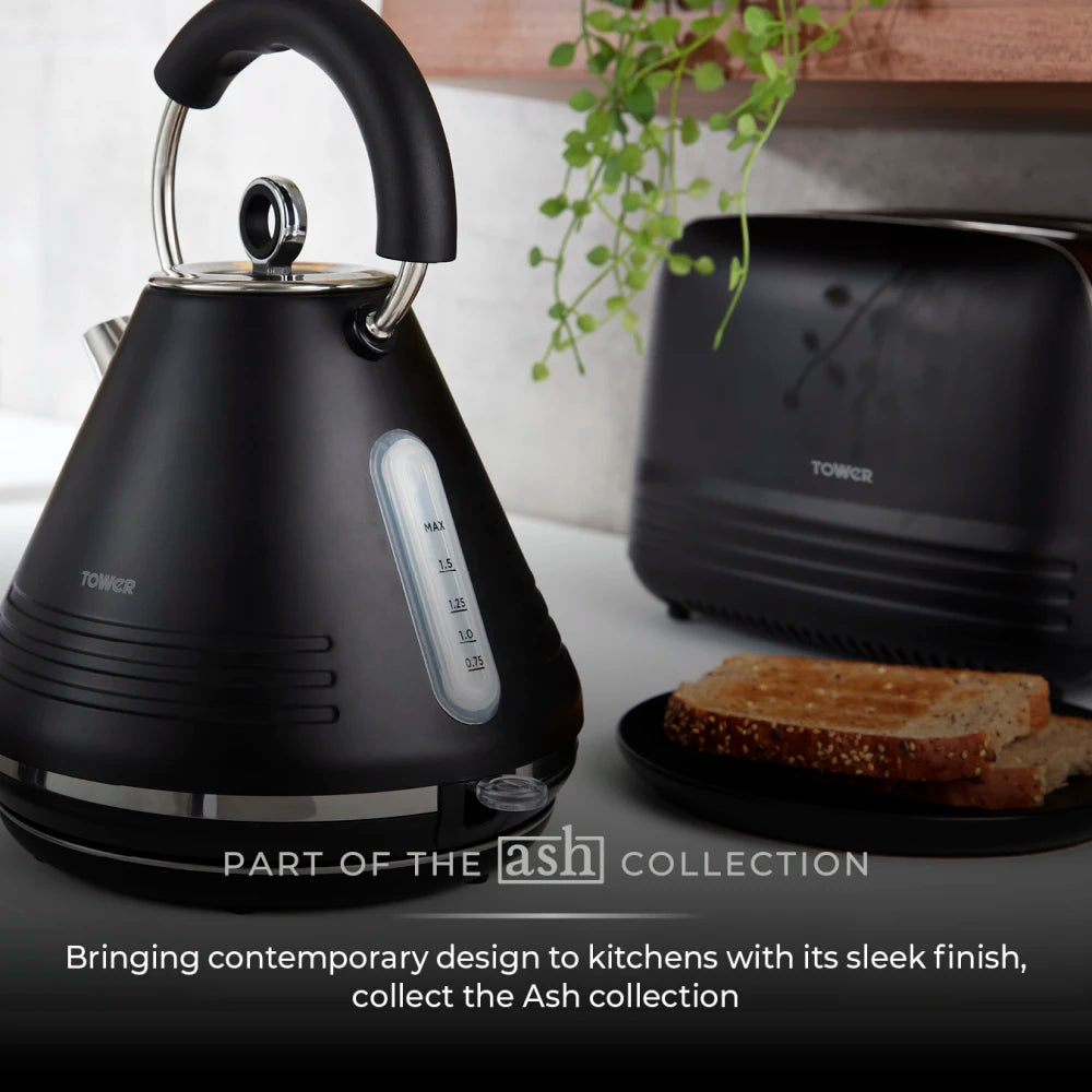 Tower Ash Rapid Boil Pyramid Kettle - 1.7L, 3KW, Easy Open Lid & Removable Filter, Black & Chrome