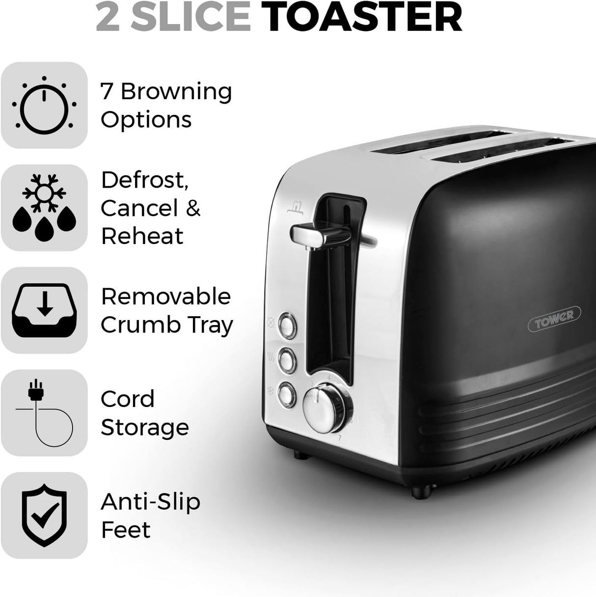 Tower Ash 2 Slice Toaster - 7 Browning Levels, Defrost/Reheat/Cancel Functions, 925W, Black & Chrome