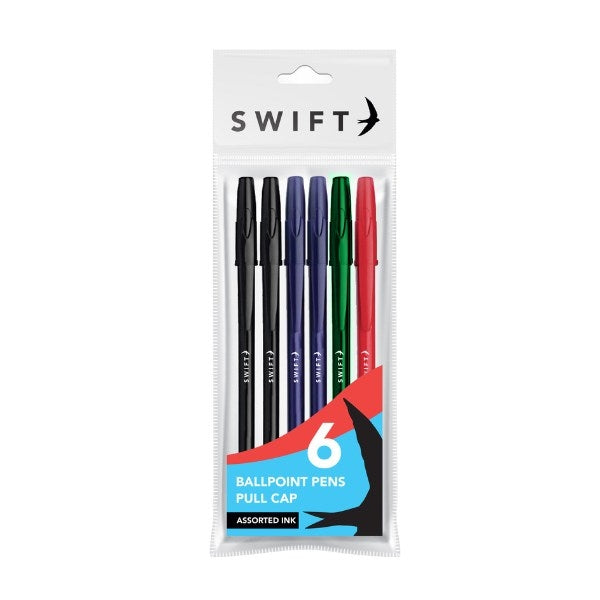 Pull Cap Ballpoint Pens 6 Pack Assorted