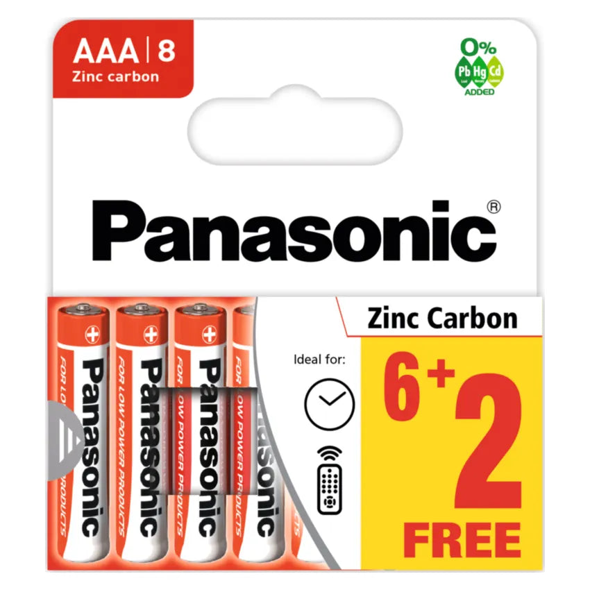 Panasonic AAA Zinc Carbon Batteries 6+2 (8 Pack)