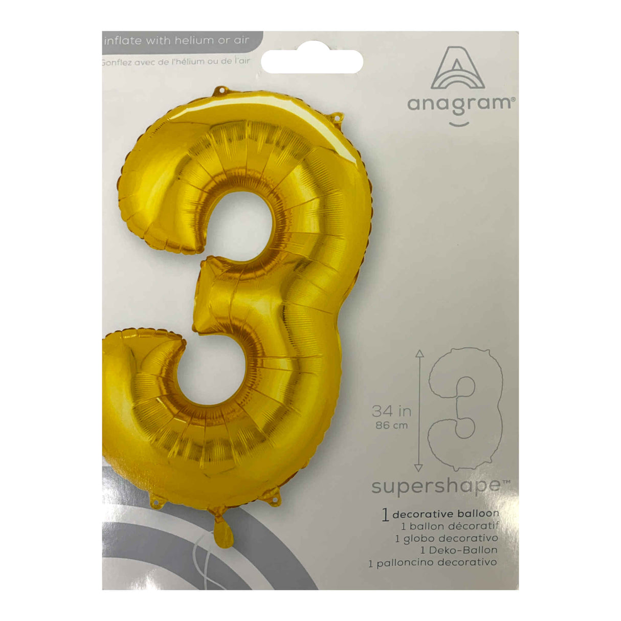 Number 3 Foil Balloon | Gold | 86cm