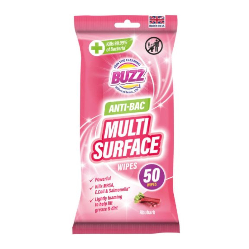 Buzz Multi Anti-Bacterial Wipes Rhubarb 50 Pack